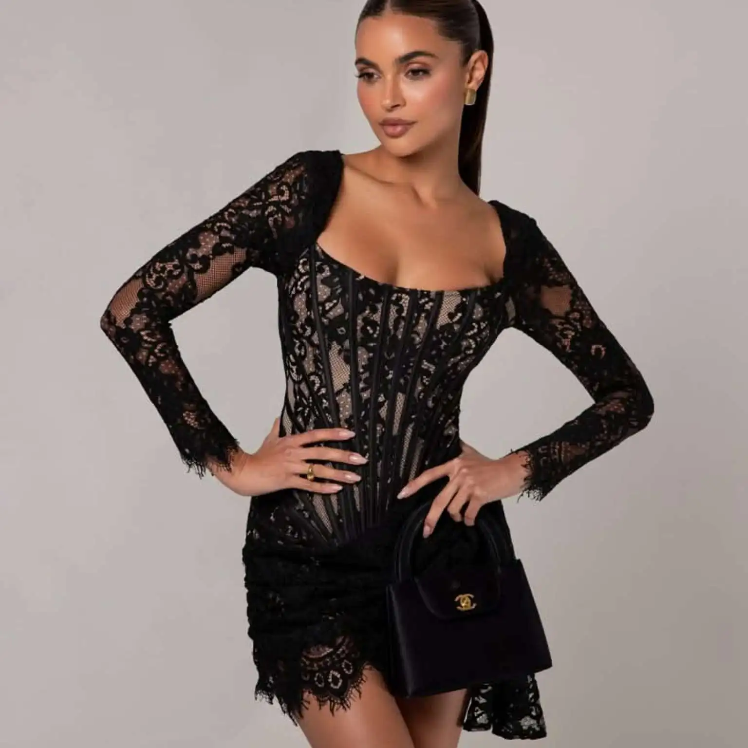 

Sexy Long Sleeve Lace Fishbone Waistcinched Dress Crossborder Short Skirt Autumn Winter New Style High Waist Polyester Fabric