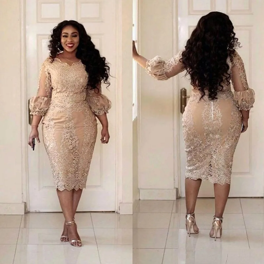 

African Champagne Plus Size Mother of The Bride Dresses Lace Applique Illusion 3/4 Sleeve Long Sleeve Evening Gowns