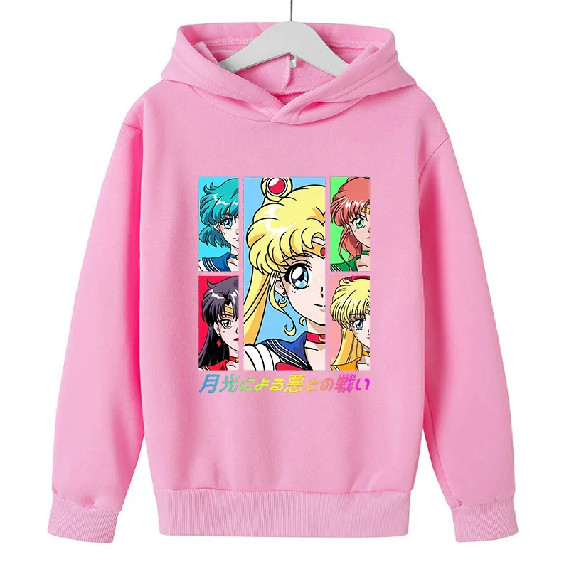 Sailor Moon Hoodie with Hat for Children Cartoon Printed Kawaii Sweatshirt Winter Spring Kid Clothing Long Sleeve Hooded Clothes