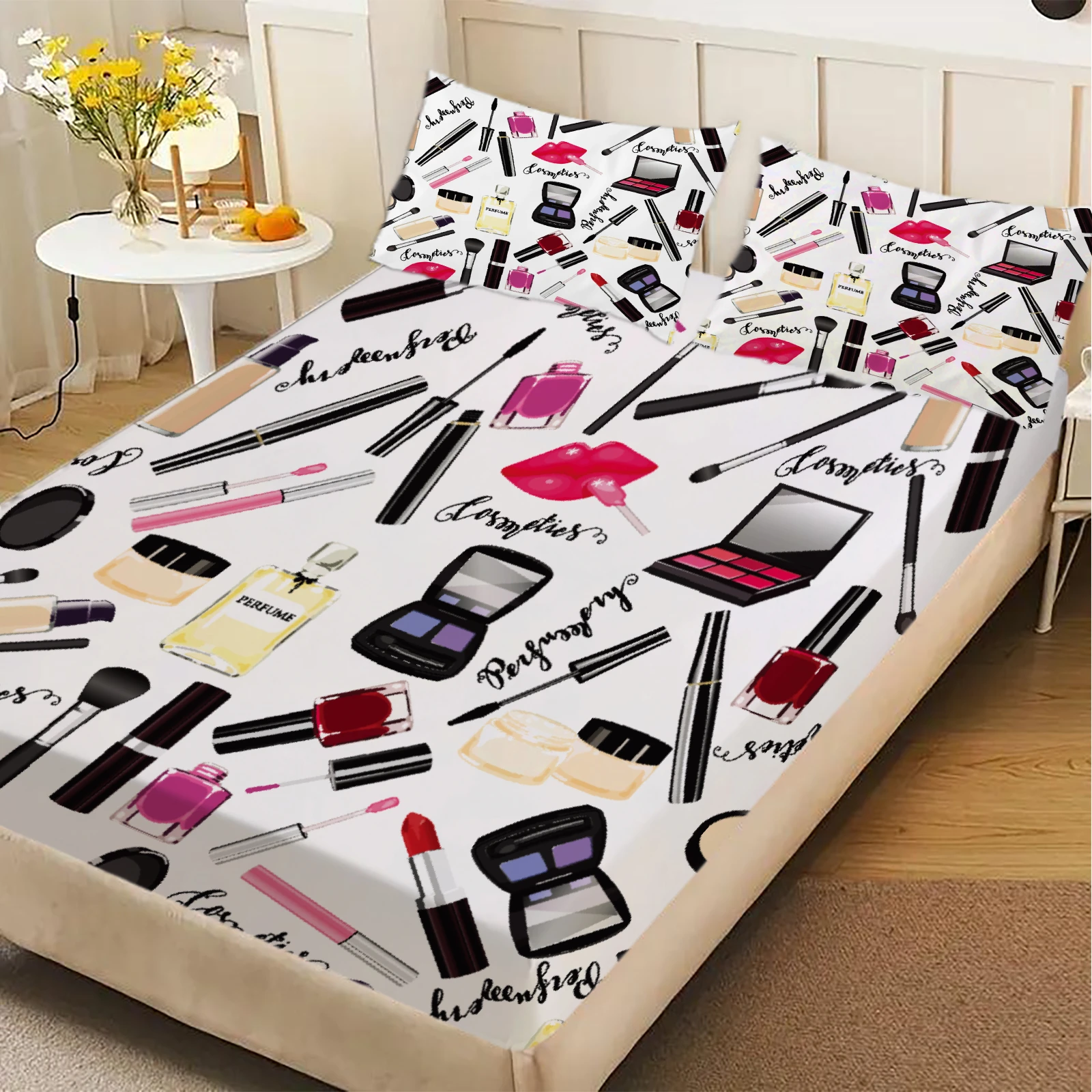 3pcs White Fitted Sheet Sets Decor For Girls Room Cosmetics Makeup Brushes Lips Perfume 3D Printed Flat Sheet With 2 Pillowcases