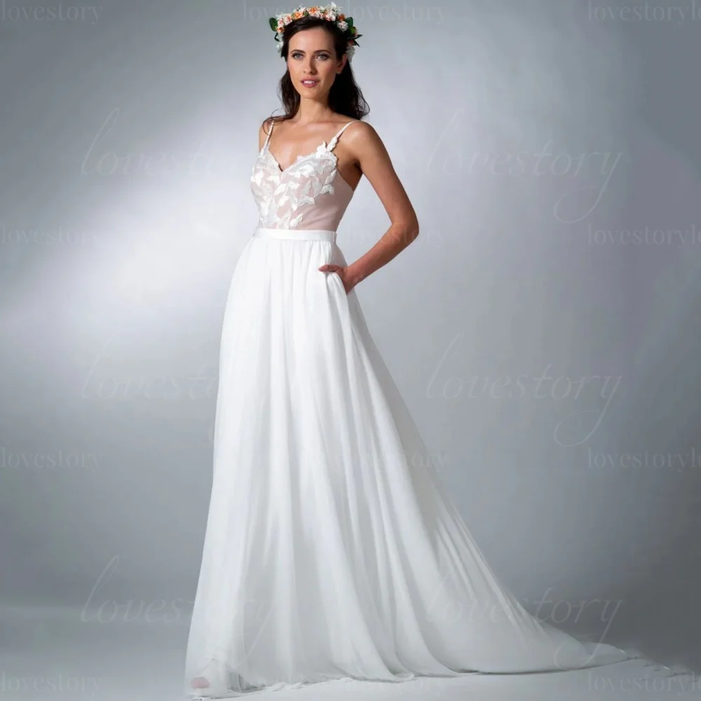 

Vintage Customized Wedding Dresses Applique A-Line V Neck Bride Robe Spaghetti Straps Bridal Gowns Vestidos De Noiva