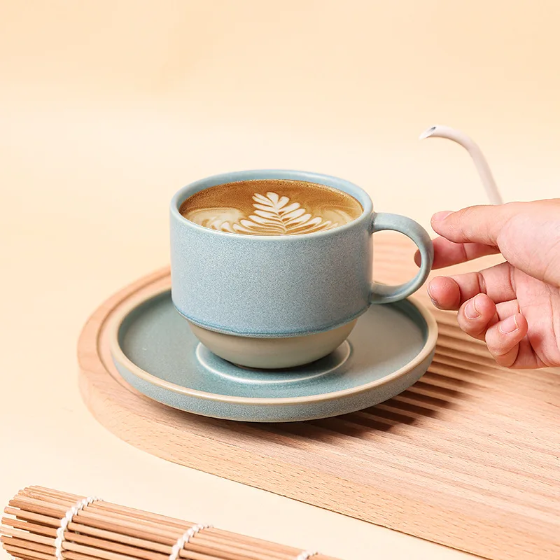 Wabi‑sabi Retro Ceramic Coffee Cup Saucer Stackable Mug For Latte Flat White Americano Espresso Household Tableware