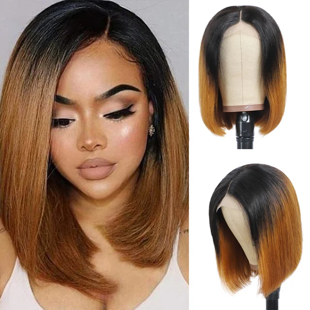 

Straight Bob Wig Honey Blonde Wig 13x4 Lace Frontal Hair Wig Brazilian Remy Hair Tow Tone Wig For Women Deep Part With Baby Hair