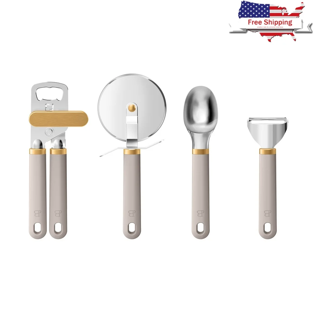 

4 Piece Kitchen Gadget Set Ice Cream Scoop Pizza Cutter Peeler Can Opener Dishwasher Safe Durable Non Slip Grip Chemical Free