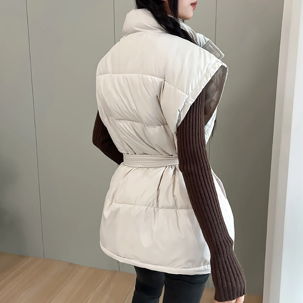 Autumn Winter Belt Slim Cotton Jacket Vest for Women 2025 Fashion Stand Up Collar Zipper Waistcoat Warm Sleeveless Quilted Coats