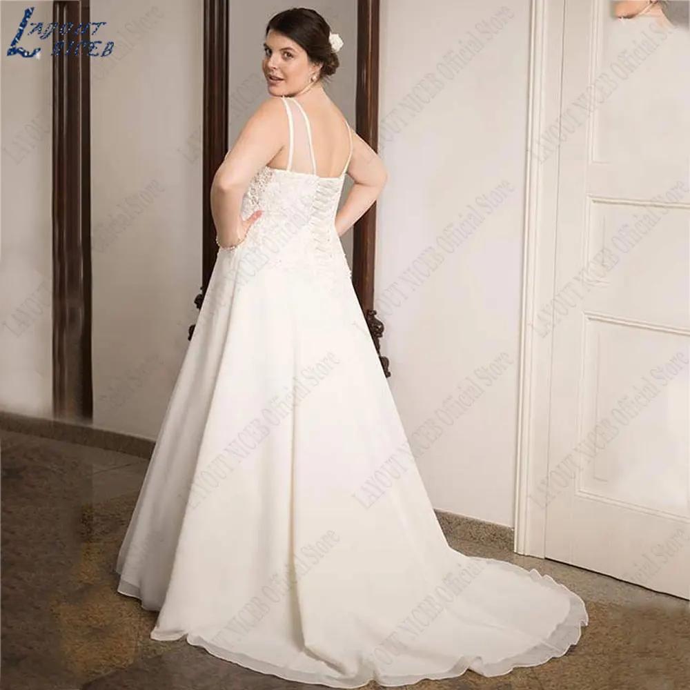 LAYOUT NICEB Square Neck Plus Size Wedding Dresses Appliques Lace Bridal Gowns Back Lace Up Backless Sleeveless robes de mariée