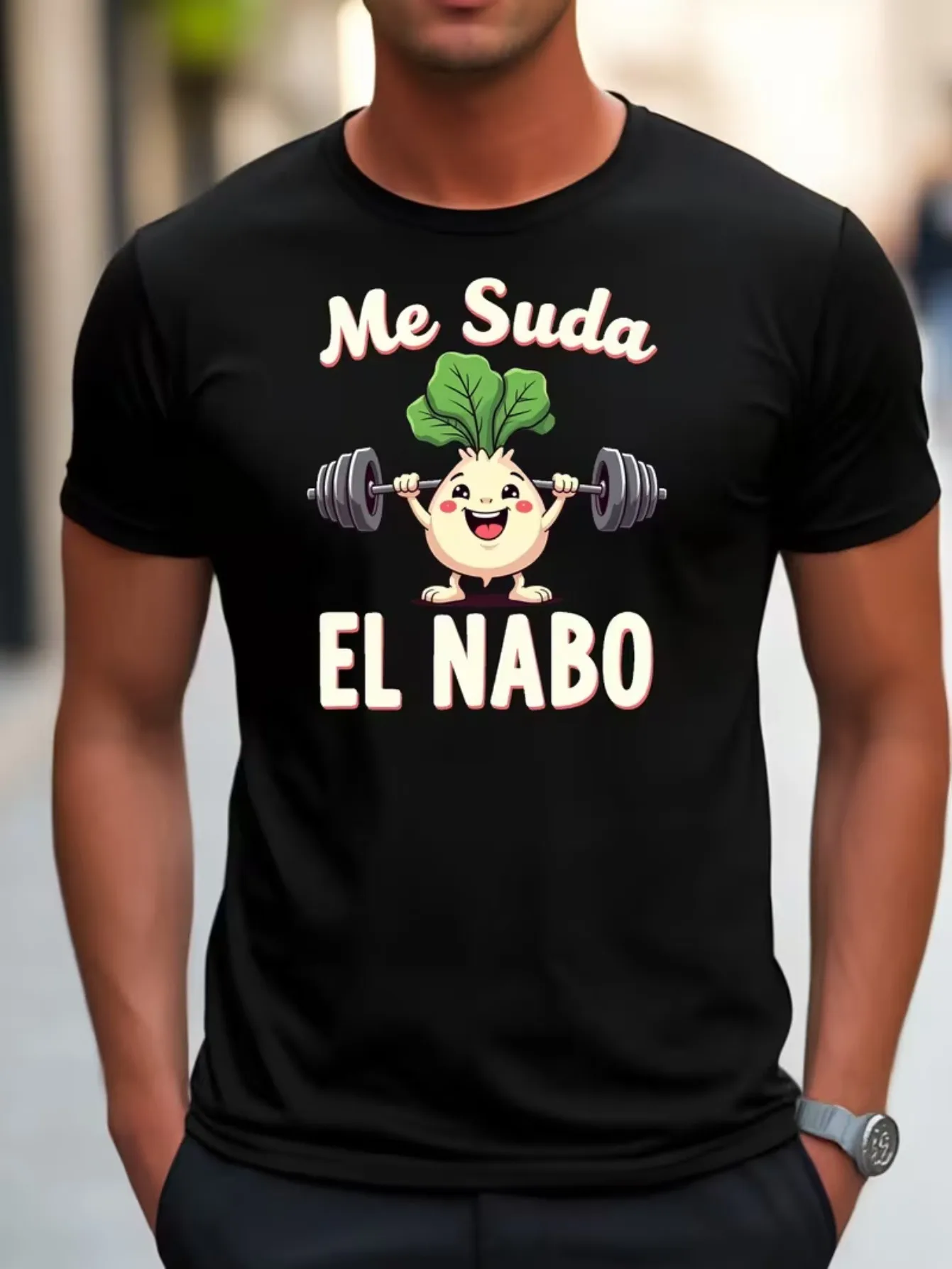 Camiseta Masculina Estampada Me Suda EL NABO com Estampa Divertida de Vegetais Espanhóis, Cenoura de Halterofilismo em Desenho Animado, Estilo Fitness Chamativo e Humorístico