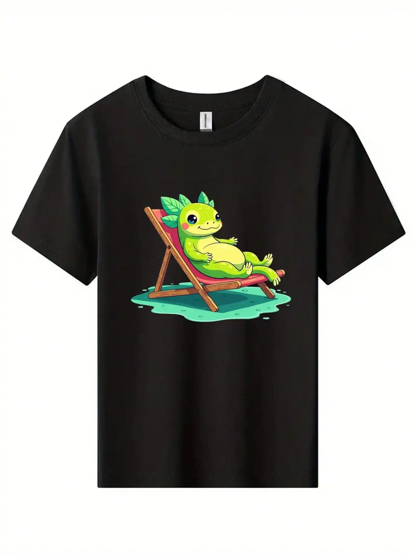 

Cute Mexican Axolotl Relaxing Gecko Pattern Cotton T-Shirt, Black Tee With Gecko On Beach Chair