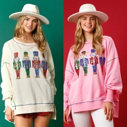 Women Y2k Nutcracker Graphic Sweatshirt Sequin 2024 Christmas Sweater Nutcracker Shirt Crewneck Long Sleeve Pullover Jumper Tops