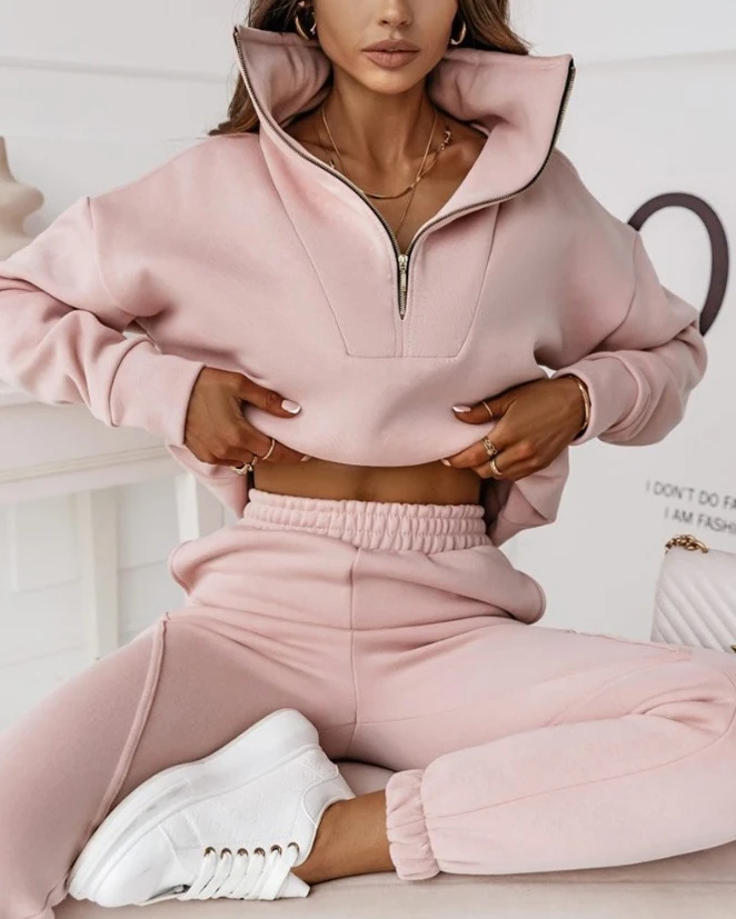 Fashion Two Piece Set Women Outfit 2023 Autumn Clothes Stand Collar Long Sleeve Zipper Design Top & Casual Piping Pants Set