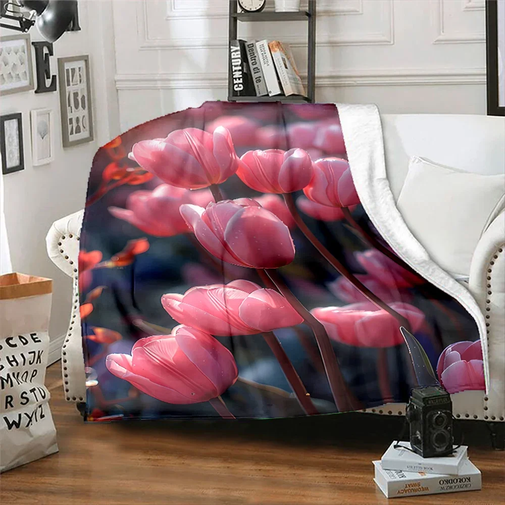 

6 Size Beautiful Flower Tulip Flannel Art Blanket Throw Sofa Bed Cover Four Season Soft Fluffy Quilt Blanket Outdoor Leisure Nap