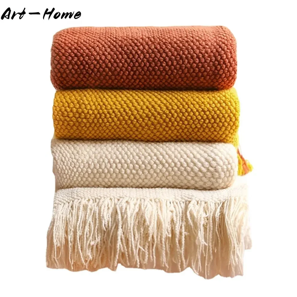 Nordic Knitted Throw Blanket with Tassels Corn Grain Waffle Embossed Throw Blanket for Beds Travel Nap Blanket Shawl Scarf