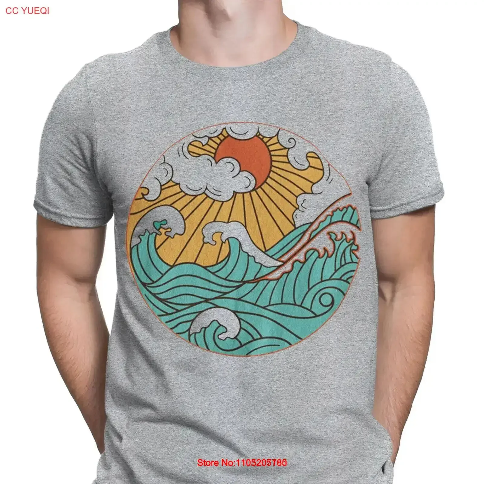 Sun and Waves Circle Japanese Style Retro Vintage Mens T Shirt Top NED vintage Washed Soft streetwear homme designer clothes