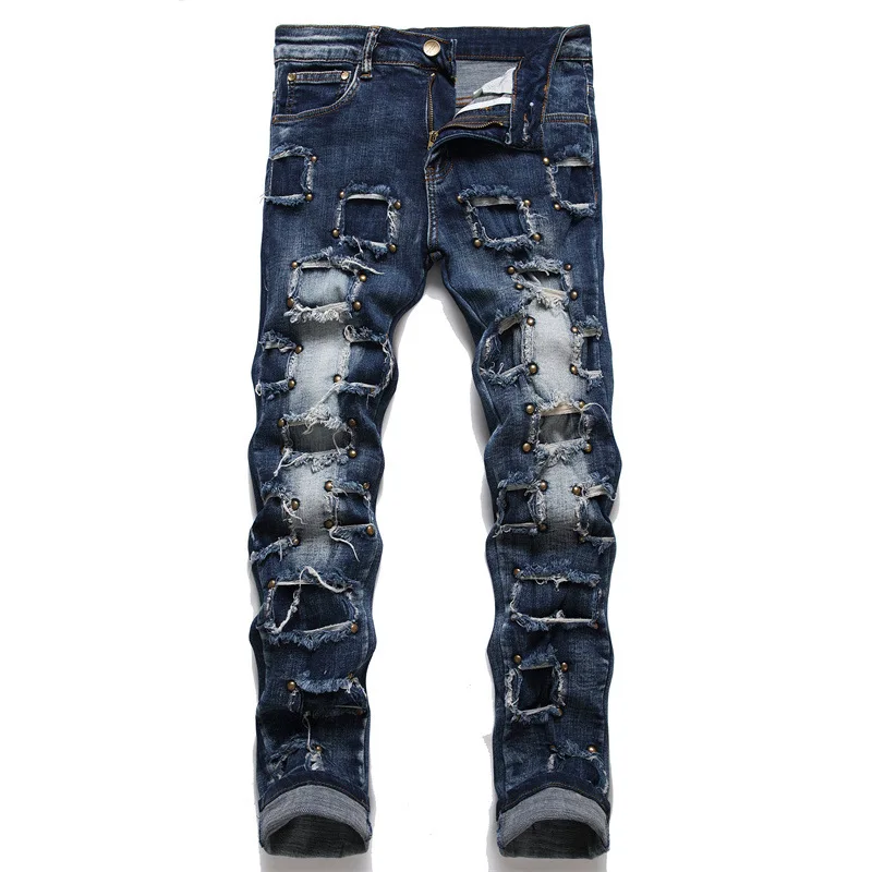 

European American Style Punk Trend Willow Nail Ripped Patch Cloth Fashion Brand Jeans Slim Waist Motorcycle Men's Clothing