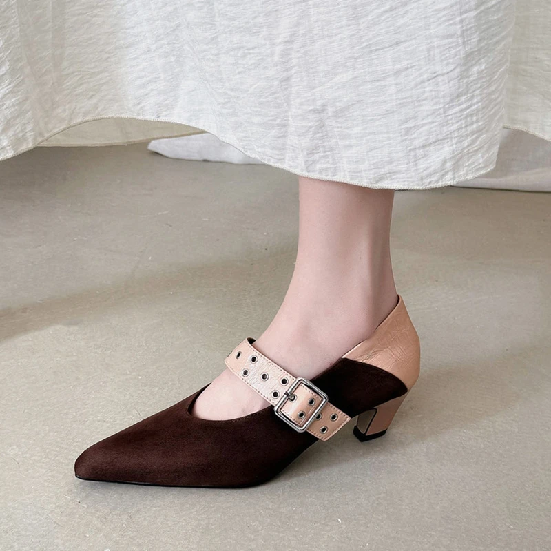 NEW Spring/Autumn Women Pumps Sheep Suede Leather Shoes for Women Pointed Toe High Heel Shoes Buckle Strap Mary Janes Shoes
