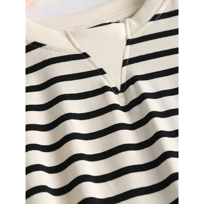

Tangada 2023 Summer Women High Quali Striped Print Cotton Cleanfit H Version Tee-quarter Sve Ciwalk Dr