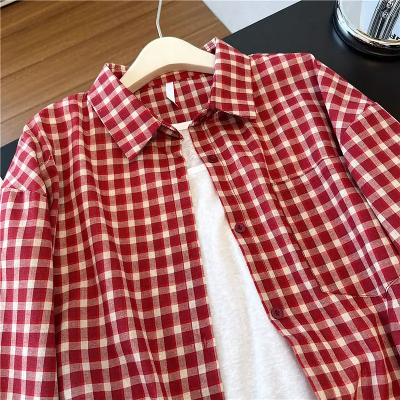 Harajuku Damen Rote Karierte Hemden Frühling Sommer Streetwear Hemden Langarm Kragen Knopfverschluss Retro Sonnenschutzkleidung – Detail 6
