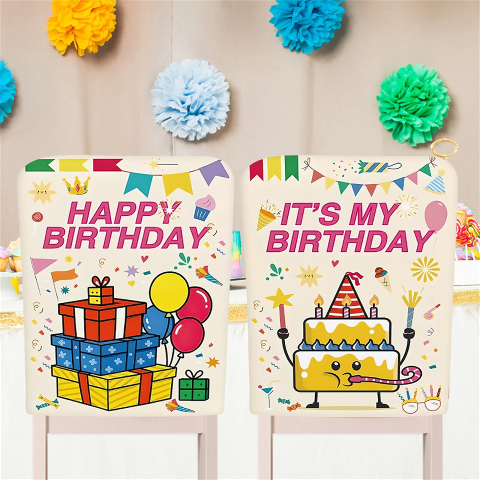 

2pcs Cartoon Chair Cover Happy Birthday Peach Skin Velvet Half Body Chair Cover Festival Party Kitchen Decoration Props 2025