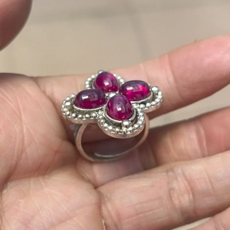 Collectible Antique Miao Silver Ring, Four‑Leaf Clover Starlight Gem Cabochon Inlay, Adjustable Open Band Retro Ethnic Jewelry