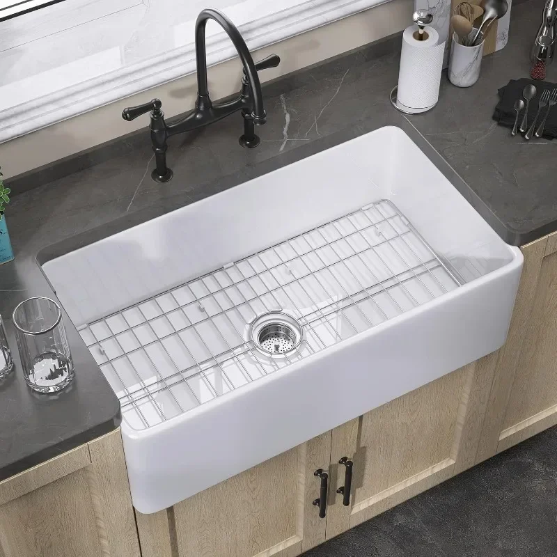 

White Farmhouse Sink Fireclay Apron Farm Sink Undermount Kitchen Sink Single Bowl White Farmer Extra with Accessories