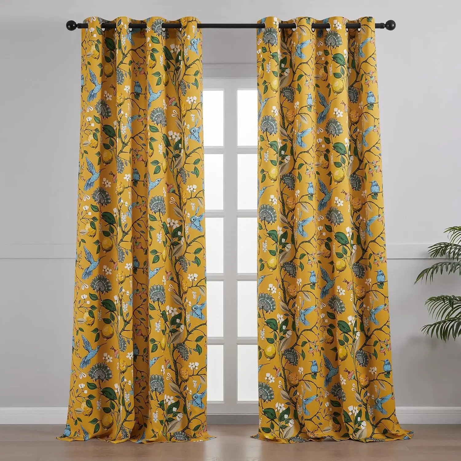 Mustard-Yellow 2-Panel 84-Inch Grommet-Top Vintage Blackout Curtains, Lemon & Hummingbird Floral Print, Mid-Century Luxury Drapes for Living Rooms & Bedrooms