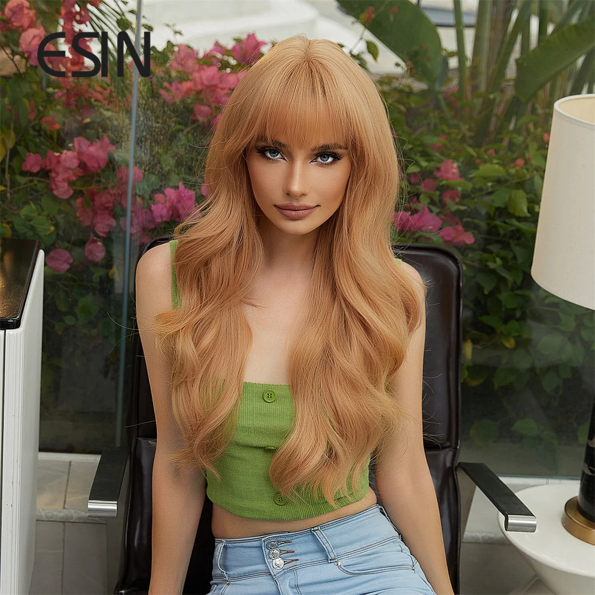 ESIN Barbie Style Synthetic Long White Blonde Water Wave Wigs with Bang for Women Cosplay Party Natural Daily Wig Heat Resistant