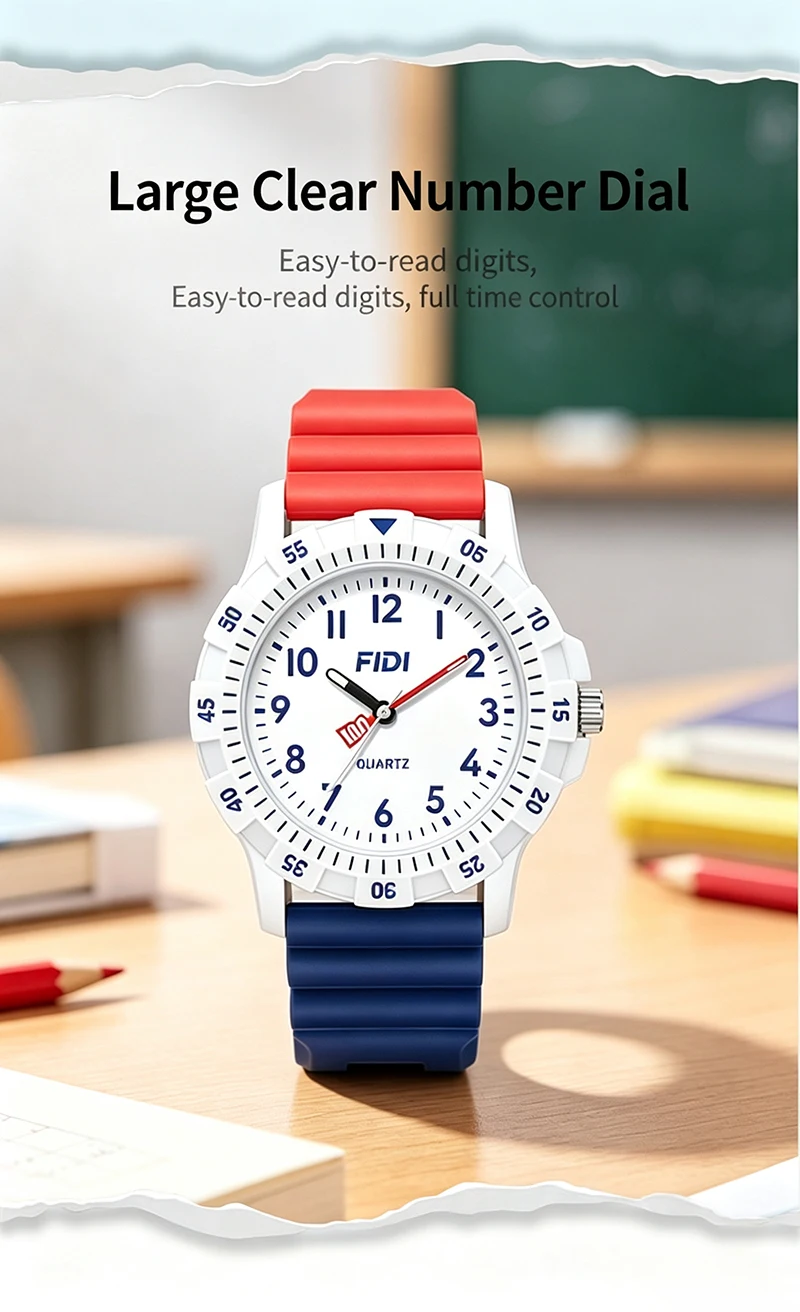 Unisex Student Quartz Watch Silicone Strap Large Number Dial Waterproof Sports Wristwatch for Teen Boys Girls School Daily Wear