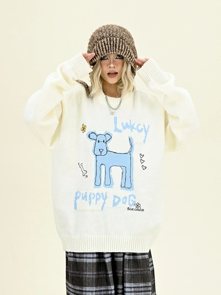 Women's Soft Waxy Cute Puppy Crew Neck Sweater, Japanese Retro Knitting, Winter, New Loose, Bf, 2022