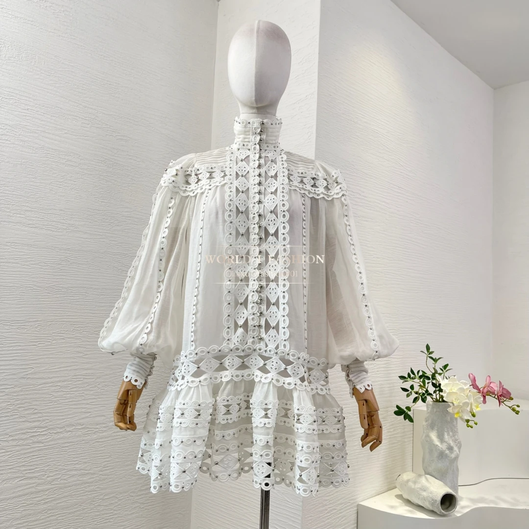 

Womens Dresses White Long Sleeve Embroidery Beading Cut Out Mini Dress