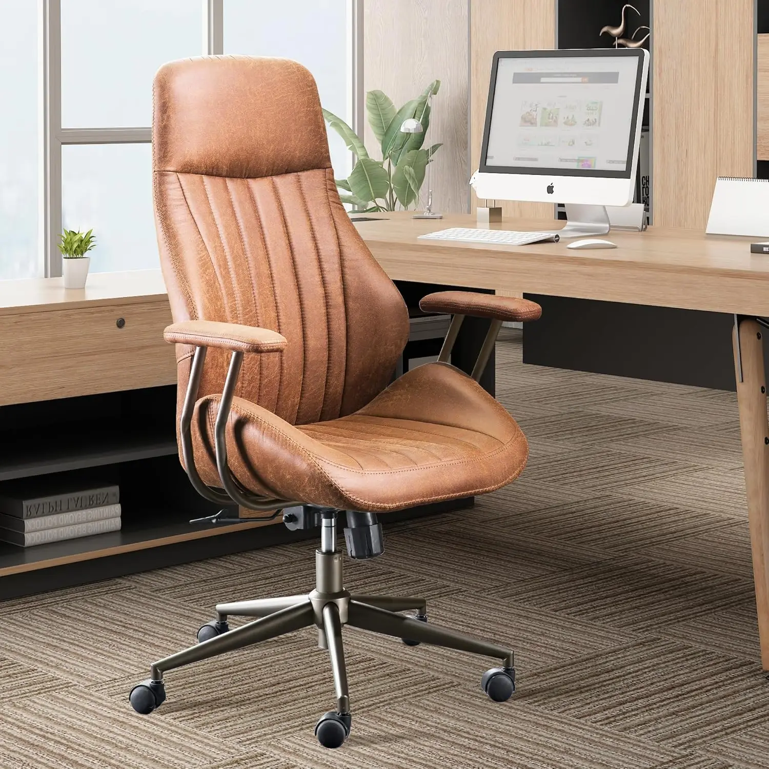 High Back Home Office Chair,Mid Century Modren Ergonomic Executive Chair,Lumbar Support Swivel Task Chair with Wheels,