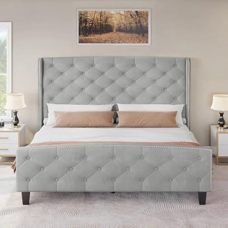 King Size Upholstered Bed Frame, Velvet Platform Bed with Deep Button Tufted Headboard & Nailhead Trim Wingback Footboard