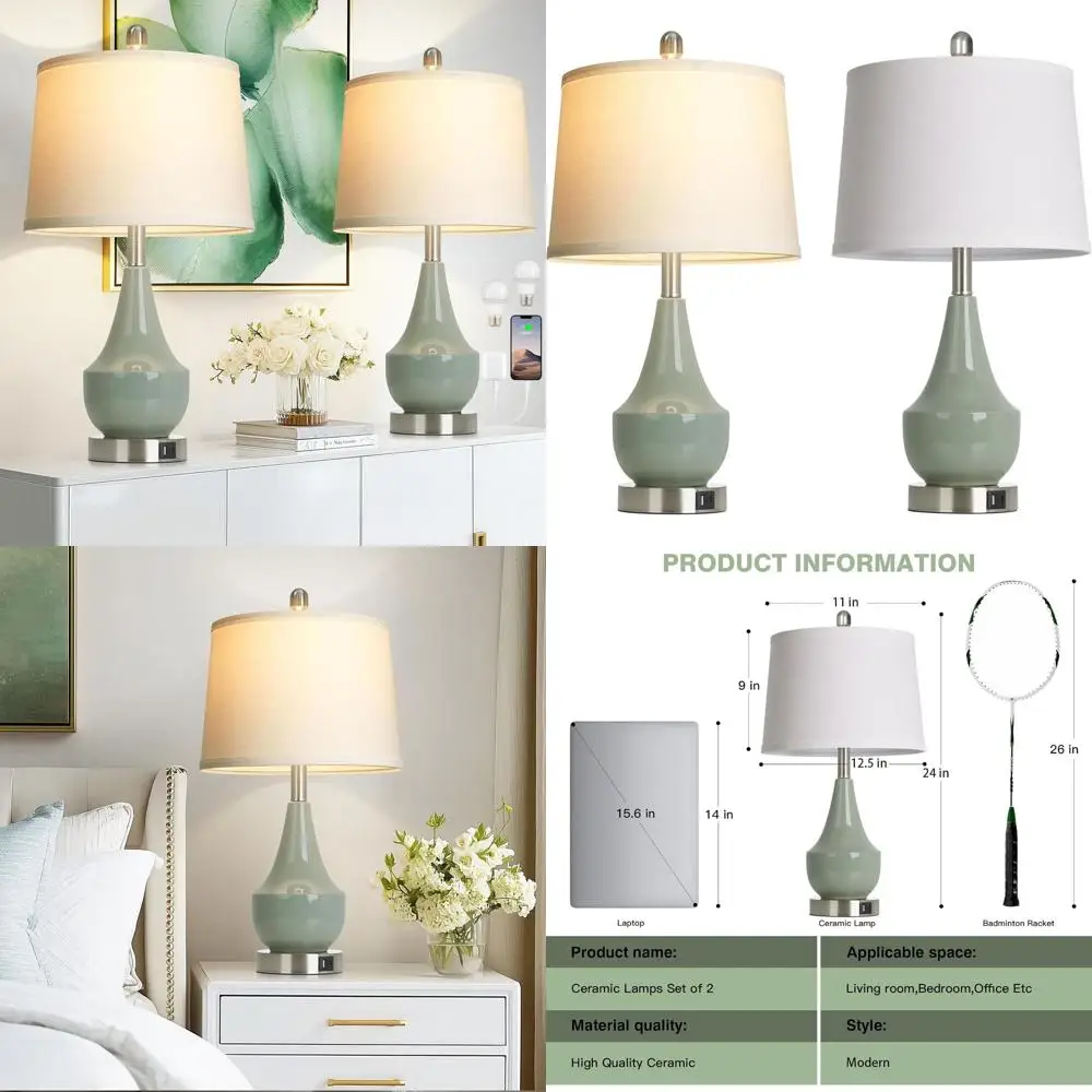 

Pair of 24 Modern Green Ceramic Table Lamps with USB Ports, LED Included, Ideal for Home and Office