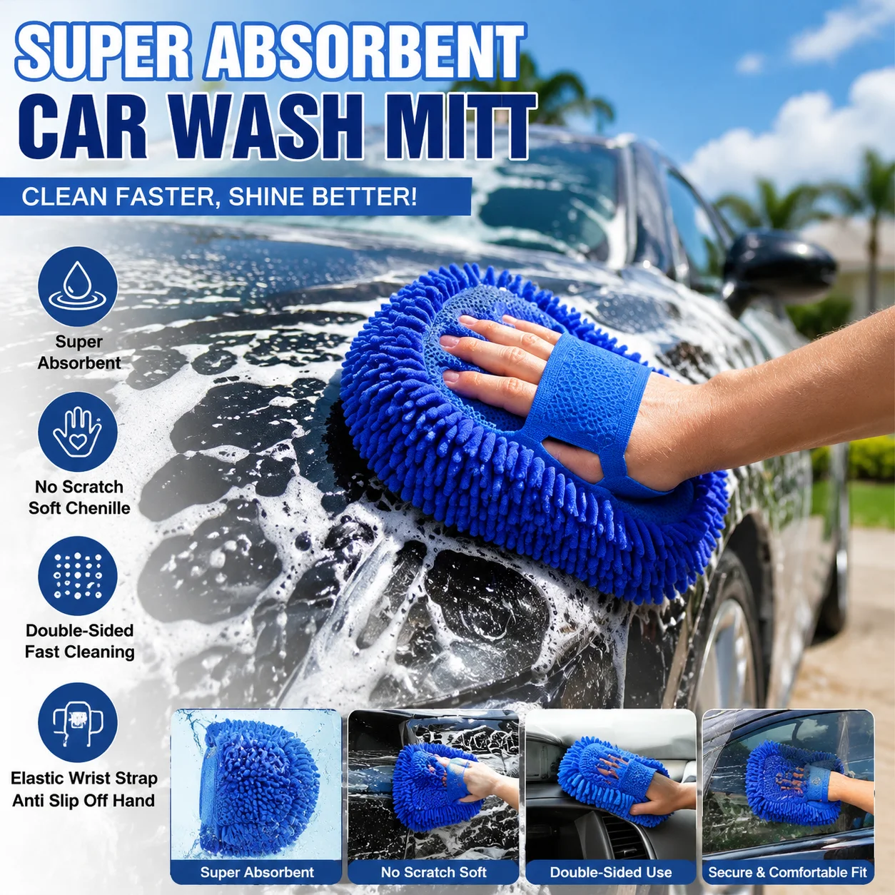 Auto Detailing Chenille Wash Mitt Dual Use Mesh Back Elastic Cuff Scratch Free Absorbent Cleaning Glove For Car Bike Home Glass