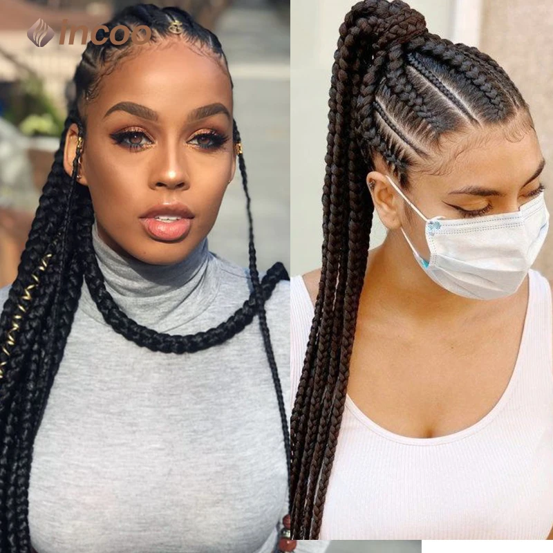 Incoo Synthetic Braided Wigs Double Dutch Cornrow Braids Full Lace Wigs Black Wig Women Goddess Hair Knotless Box Braiding