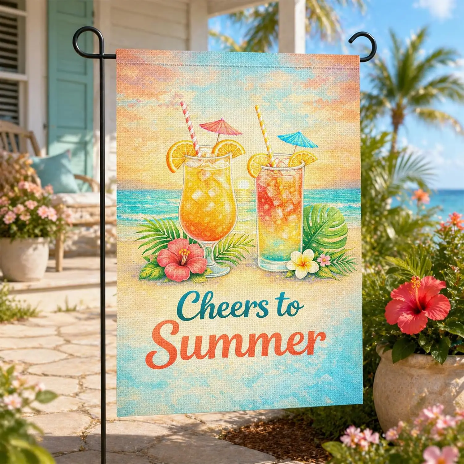 Heyfibro Cheers to Summer Garden Flag – 12x18 Inch Double Sided Tropical Drinks Design,Summer Sunset & Beach Drink Decor kkz