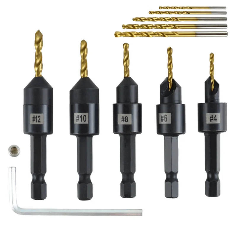 ABZV-Combination Silence Counter Sink Drill Bits Set- High-Speed Steel, 4, 6, 8, 10, 12 Inch, Adjustable Countersink Bits