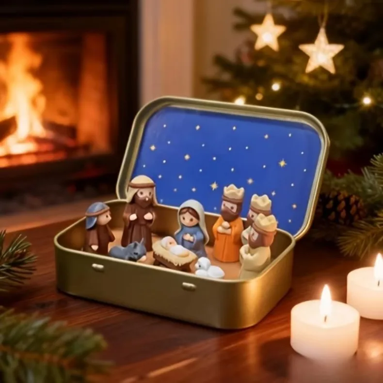 Mini-Weihnachtskrippenset in einer Metallbox, Krippenszene im Taschenformat mit Figuren von Maria, Jesus, Hirten und Tieren, Weihnachts- und Ostergeschenk, Dekoration. – Detail 5