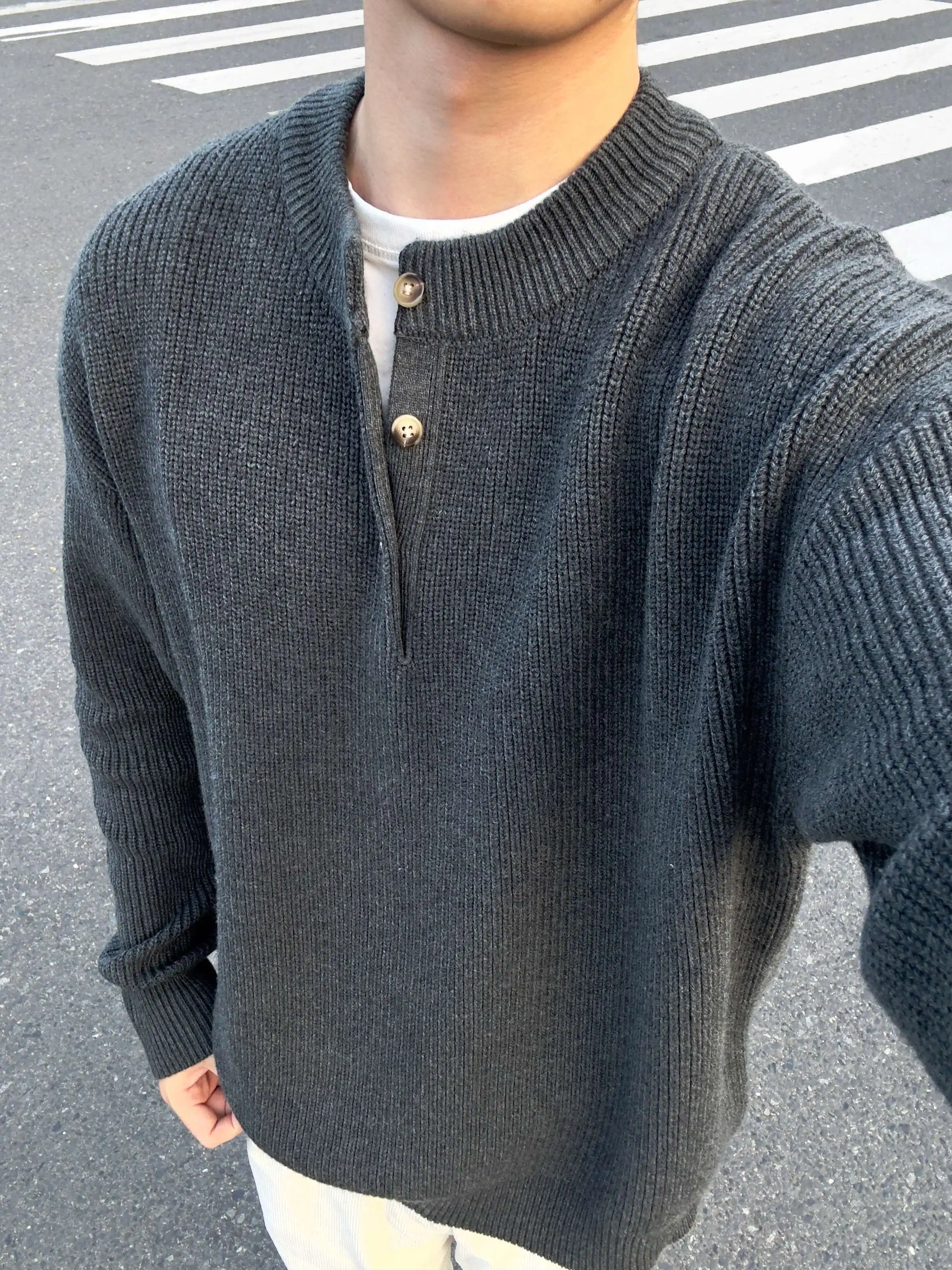 

Henry Collar Round Neck Vintage Style Button Up Pullover Hoodie Autumn and Winter for Men and Women Knitted