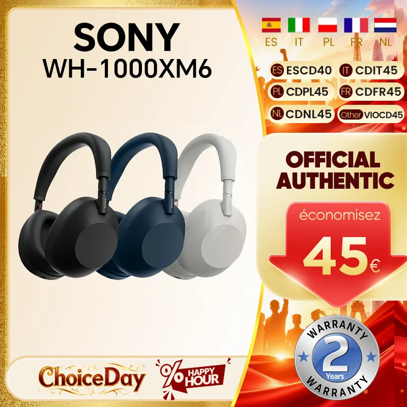 Casque sans fil à réduction de bruit Sony WH-1000XM6 original, double cœur, ultra haut de gamme, bandeau noir, 30 heures d'autonomie