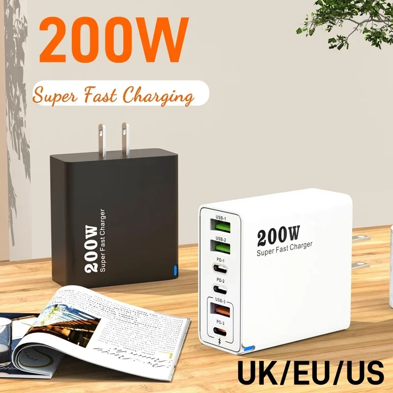 200W Fast Charger PD USB Charger 6-port Fast Mobile Phone Charge Adapter Iphone Samsung Huawei Xiaomi EU/US/UK Plug Wall Adapter