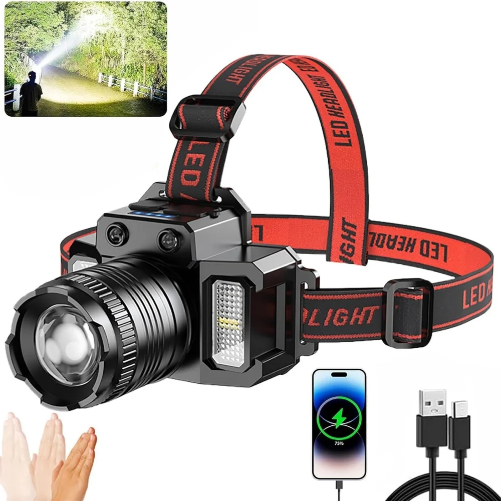 

Usb Rechargeable Headlamp Super Bright Head Lamp Motion Sensor Headlight 5 Lighting Modes Zoomable Head Lights Forehead Light