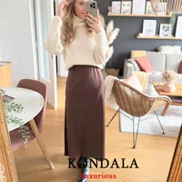 KONDALA Vintage Casual Brown Satin Long Skirts Women High Waist Elastic Straight Mocha Mousse Skirts Fashion 2025 Elegant Skirts - Image 3