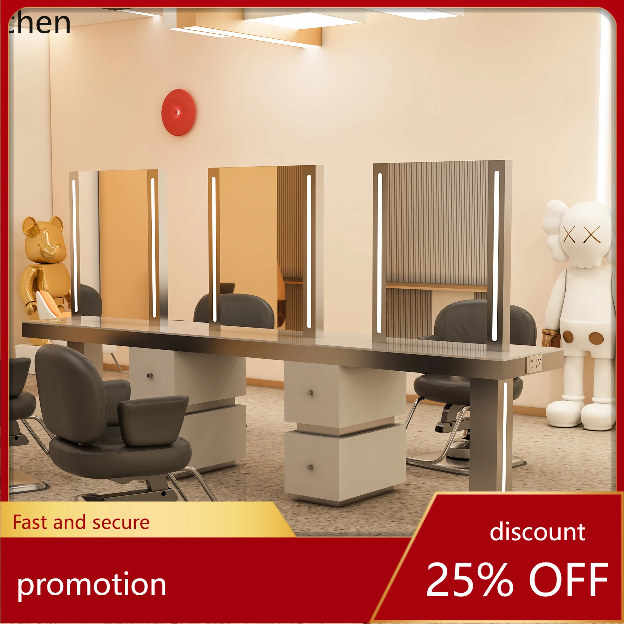 

HT barber shop mirror table hair salon perm and dyeing area hair cutting mirror cabinet integrated with desktop
