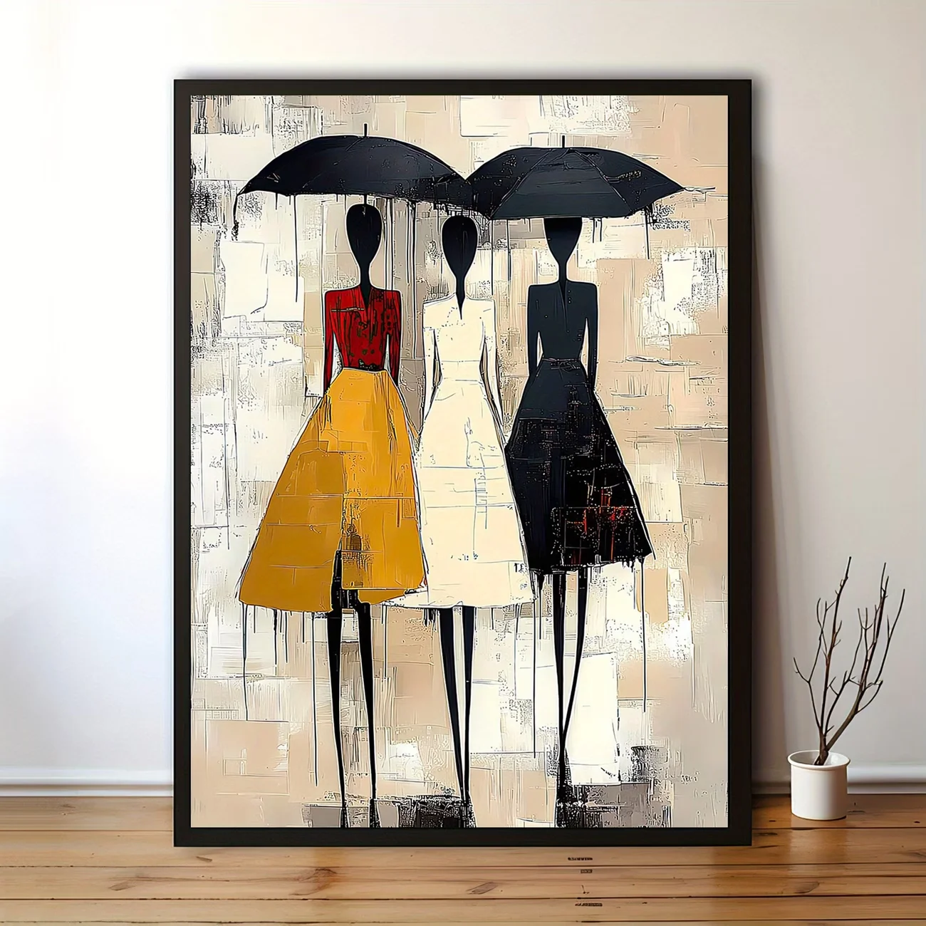 

Depicting three girls holding umbrellas, fashion image, full circle diamond canvas art home and office decoration frameless