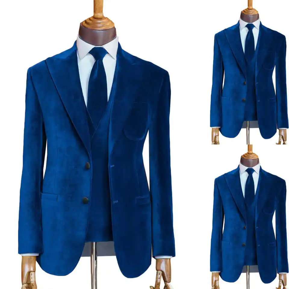 

Royal Blue Wedding Tuxedos Velvet 2 Piece Set Jacket Vest Men Suit Trim Fit Peaked Lapel Groom Wear Suits Customized