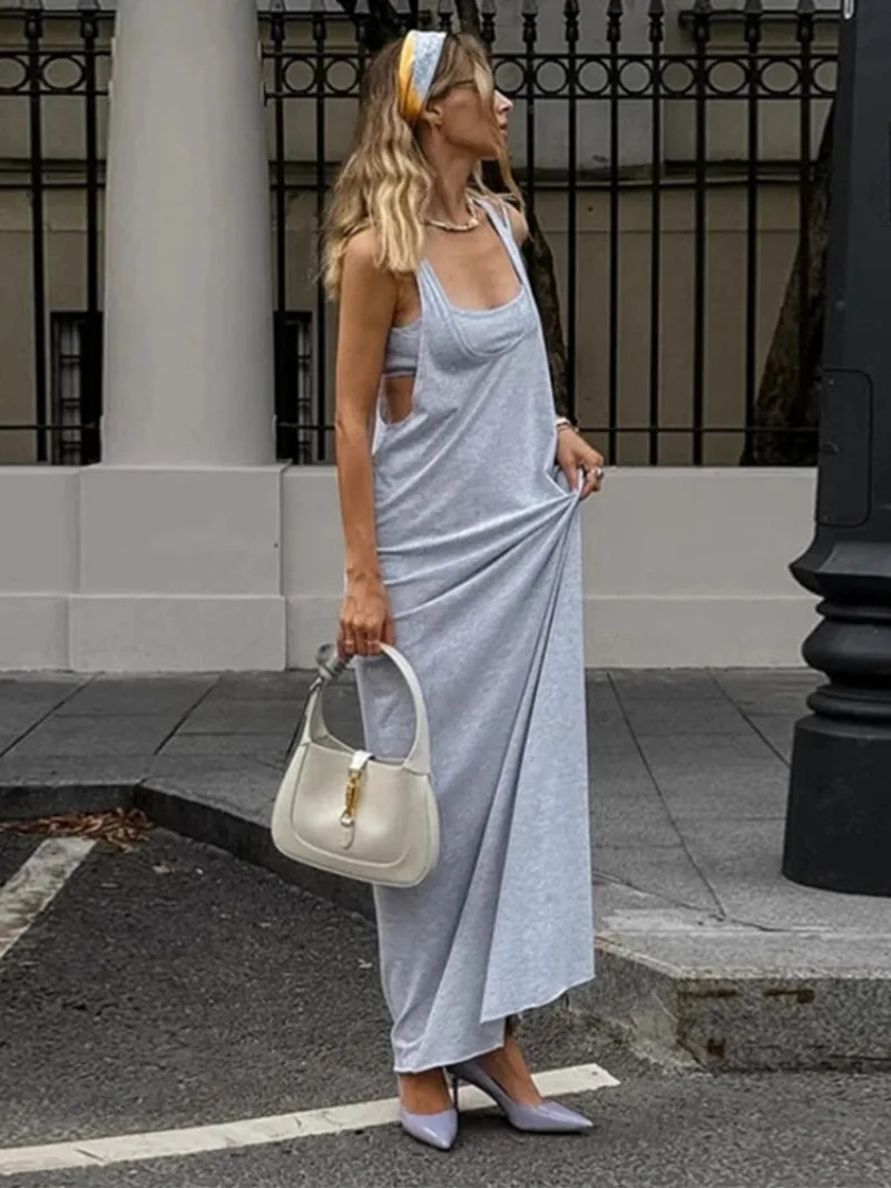 

European and American minimalist ins grey vest dress for women in autumn 2025fashion layered loose square neck A-line long skirt