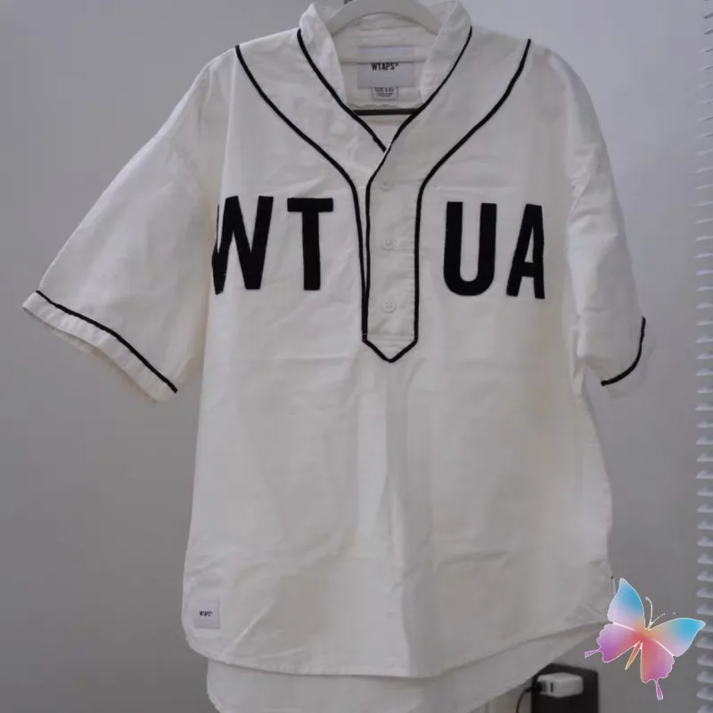 Summer WTAPS T-shirt Casual Sticker Letters Short Sleeved Half Open Button V-neck Baseball Shirt Men Women Loose Tops