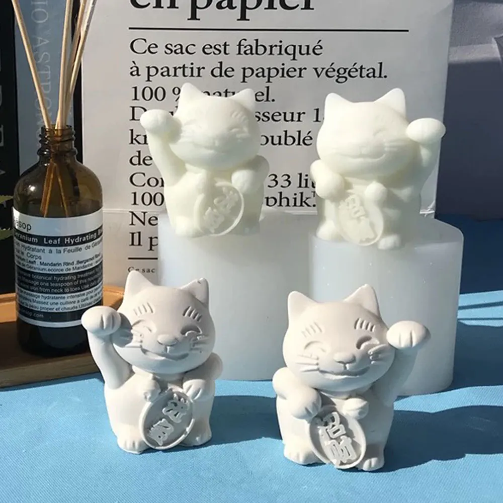 2pcs/Set Lucky Cat Silicone Mold Cat Ornament Symbolizing Beautiful Meanings Soap Gypsum Cement Mold Fortune Cat Resin Mold