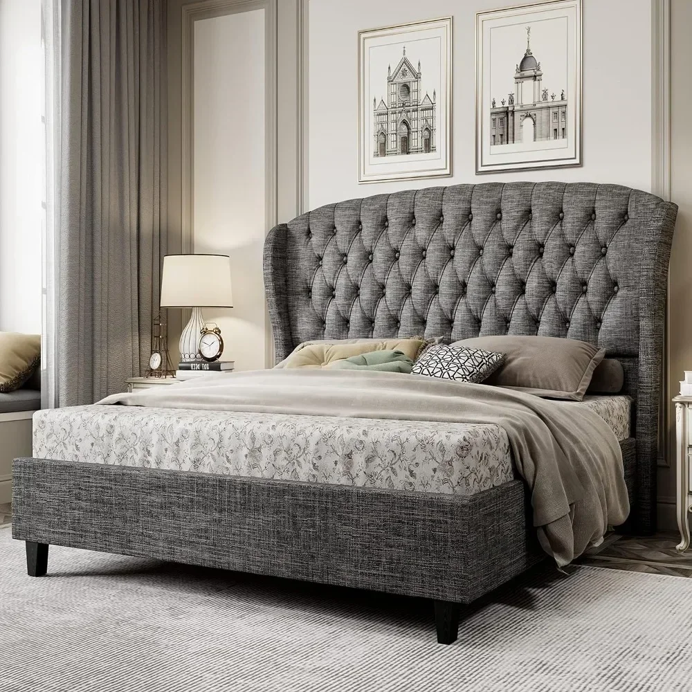 Queen/King Size Platform Bed Frame, Linen Curved Upholstered Bed with Shell Wingback Headboard/Deep Button Tufted,Beige/Grey