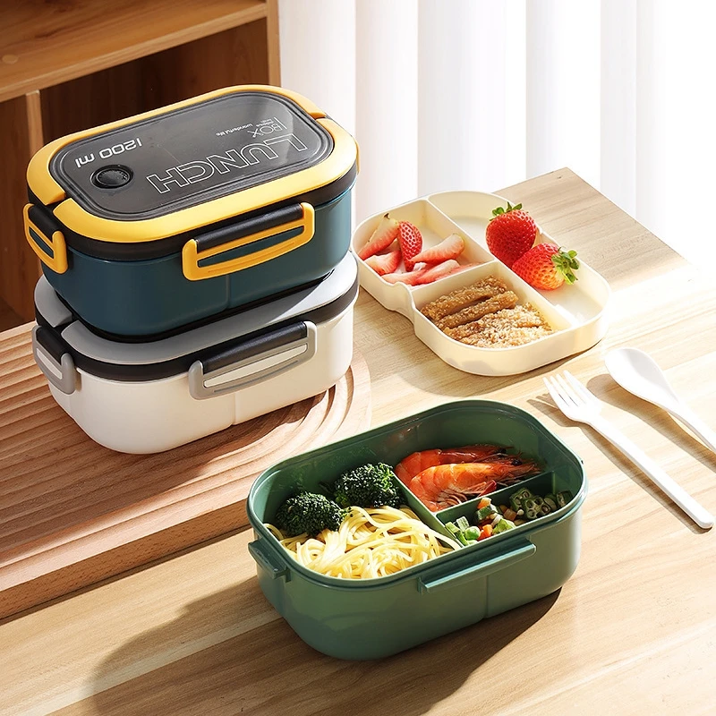 Lunch Box 2 Layers Grids Student Office Worker Microwave Hermetic Bento Box Outdoor Picnic Fruit Food Container with Fork Spoon